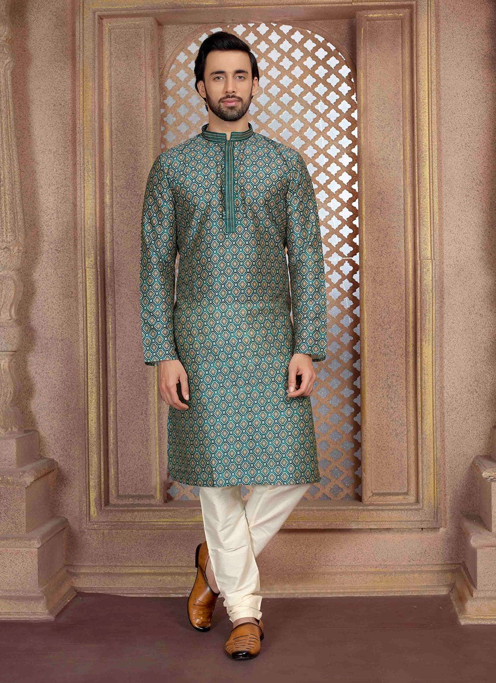 Digital Print Poly Silk Teal Kurta Pyjama - M6840