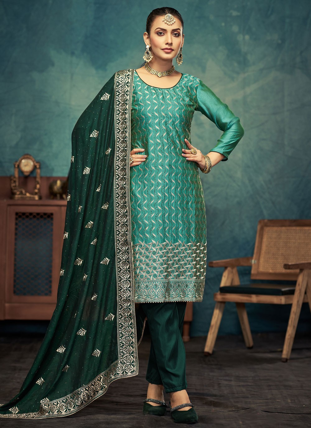 Embroidered Vichitra Silk Salwar Suit - T4547