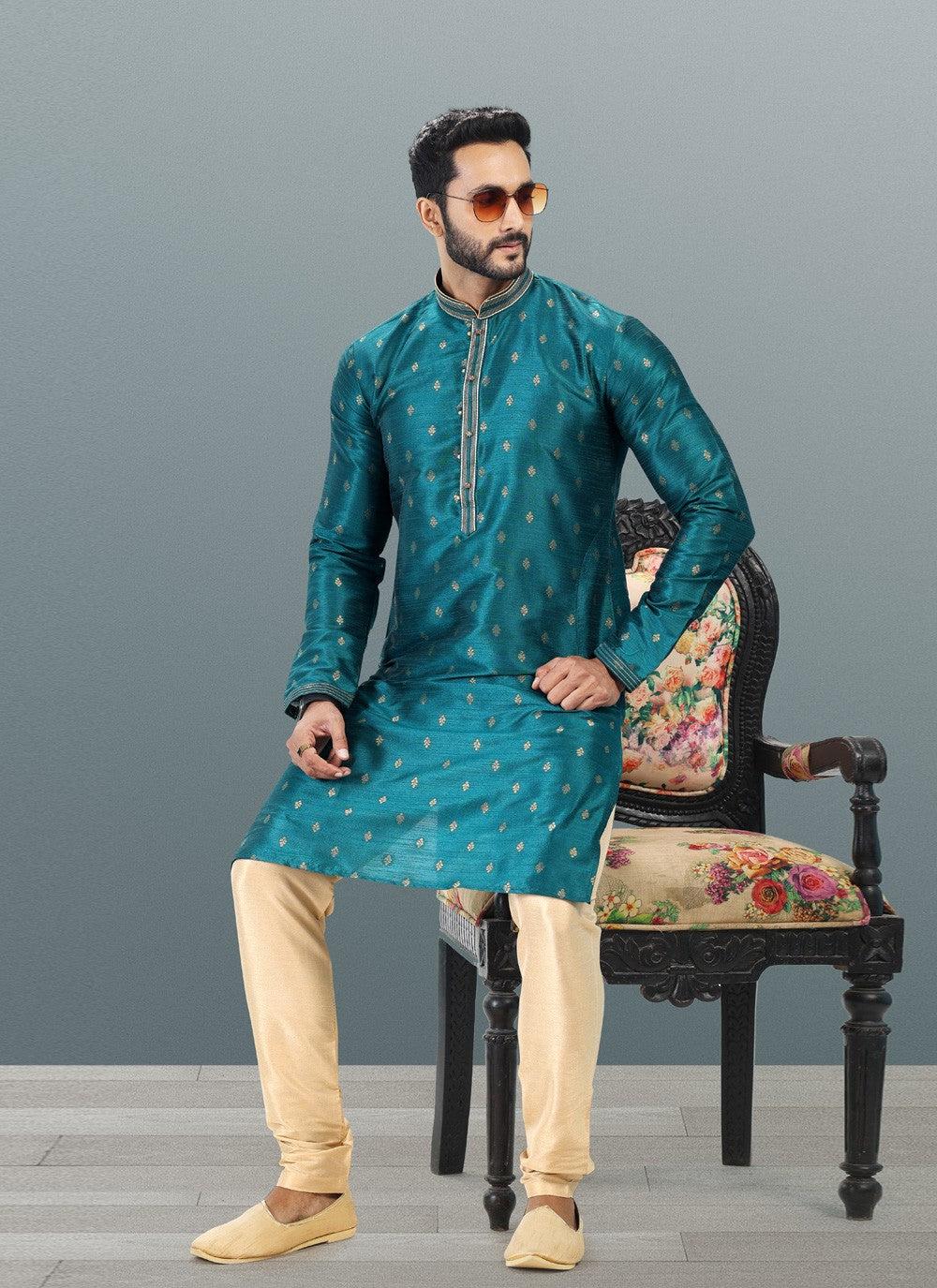 Fancy Work Banarasi Silk, Jacquard Teal Kurta Pyjama - M4841