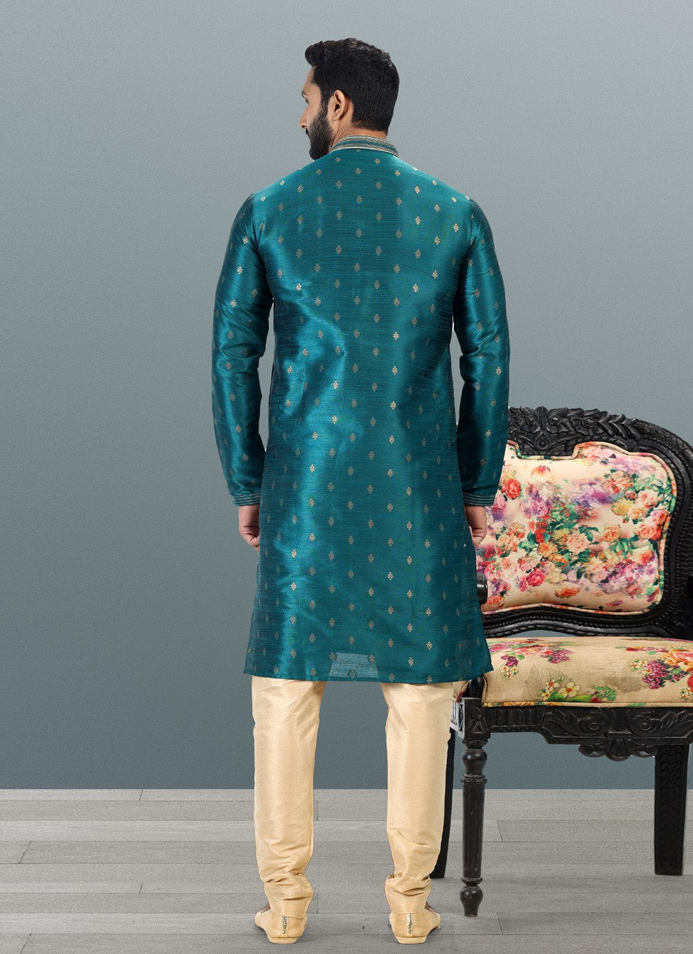 Fancy Work Banarasi Silk, Jacquard Teal Kurta Pyjama - M4841