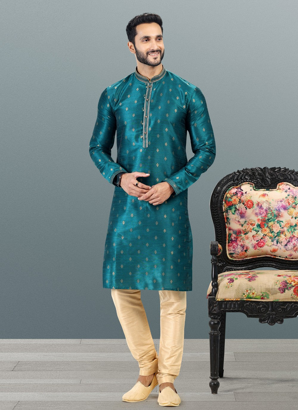 Fancy Work Banarasi Silk, Jacquard Teal Kurta Pyjama - M4841