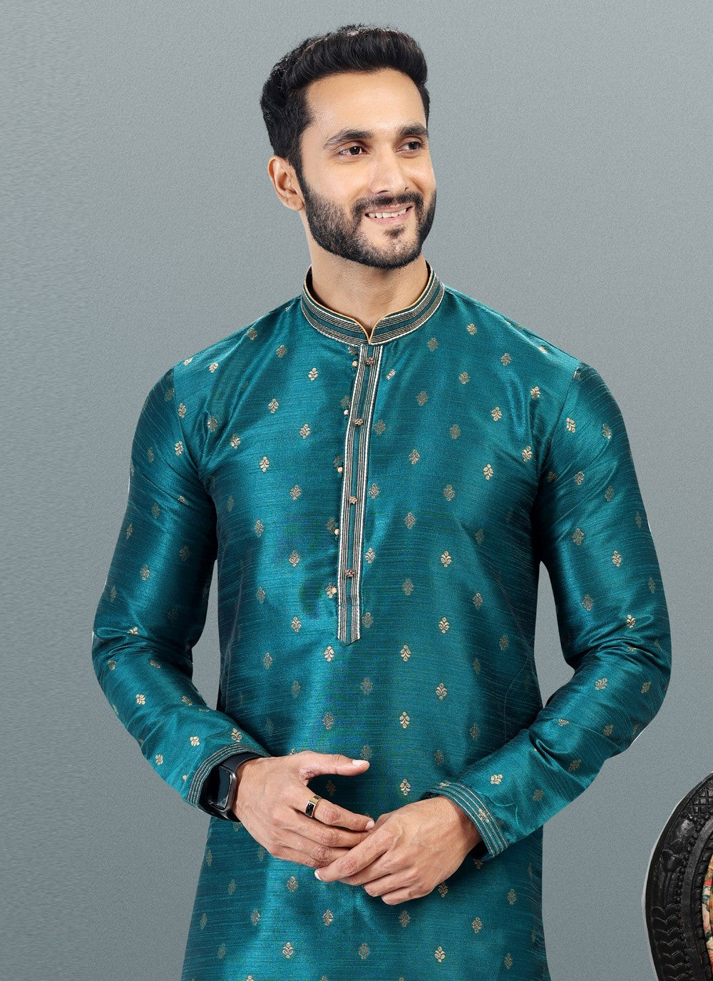 Fancy Work Banarasi Silk, Jacquard Teal Kurta Pyjama - M4841