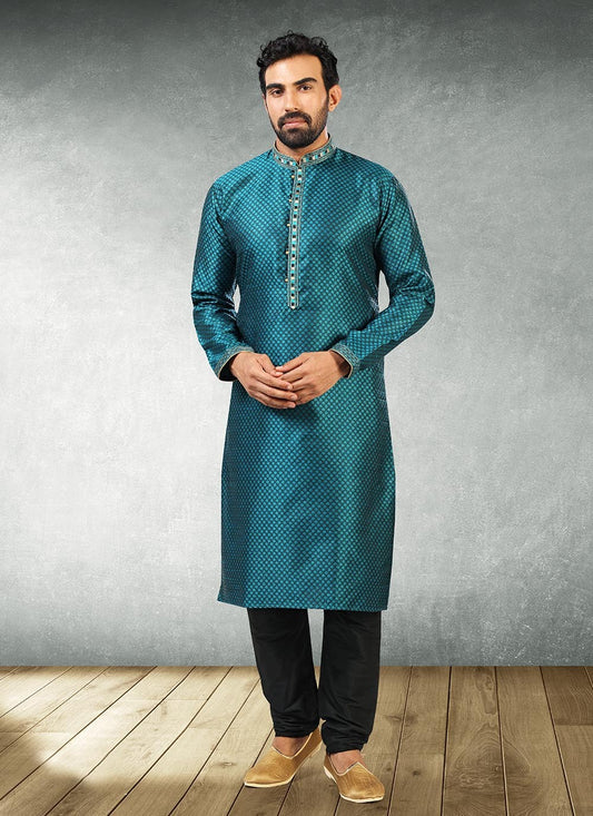 Jacquard Work Brocade, Jacquard Silk Teal Kurta Pyjama - M2189