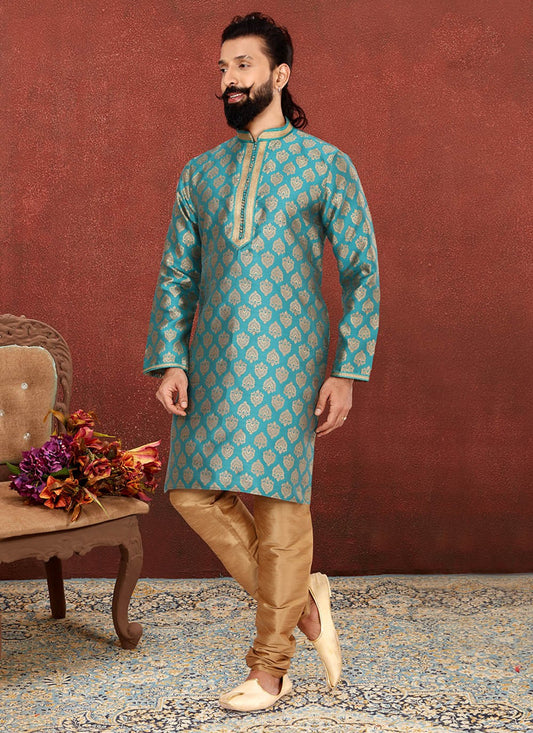 Jacquard Work Jacquard Silk Teal Kurta Pyjama - M2603