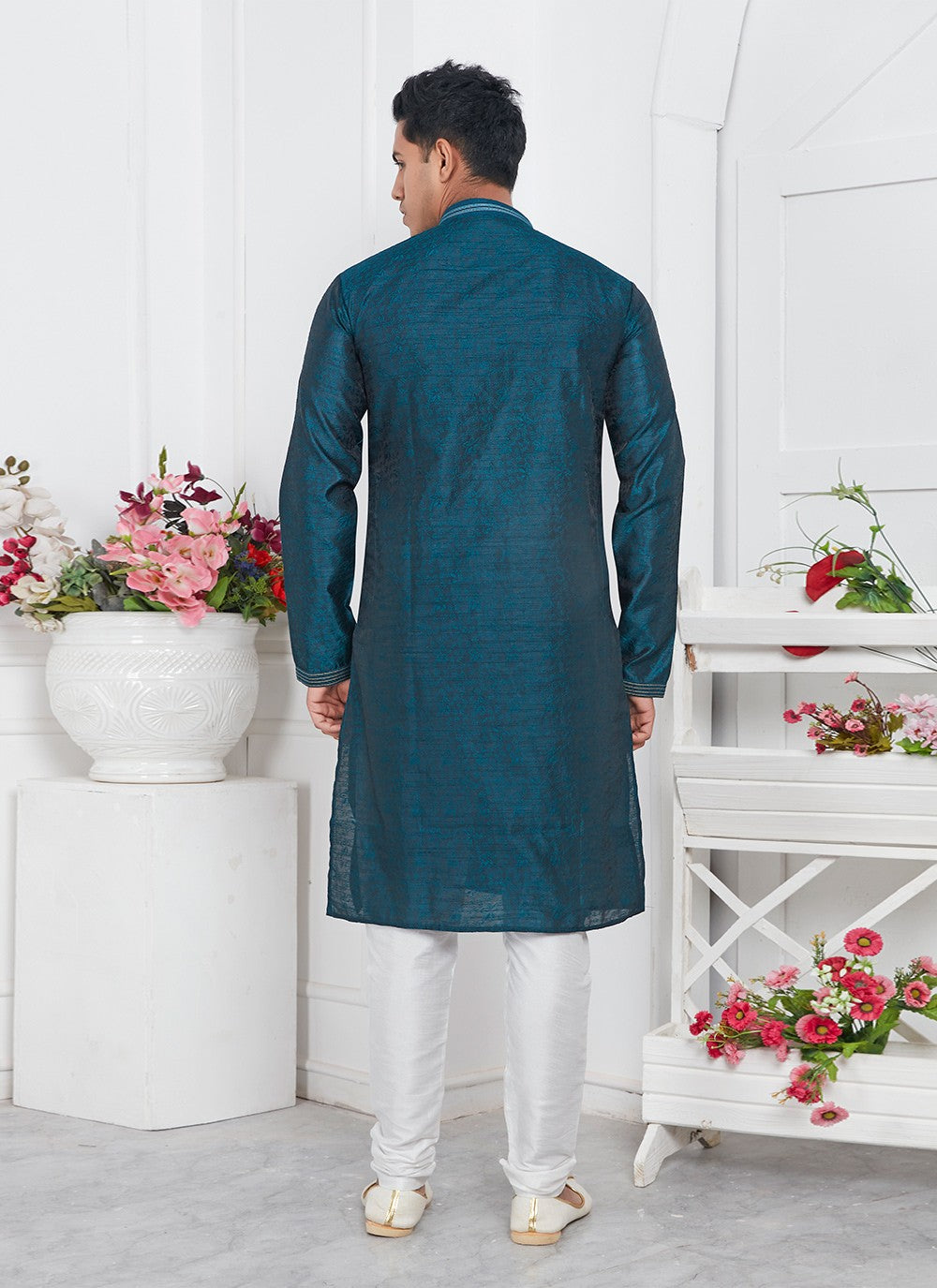 Pintex Brocade, Jacquard Silk Teal Kurta Pyjama - M7765