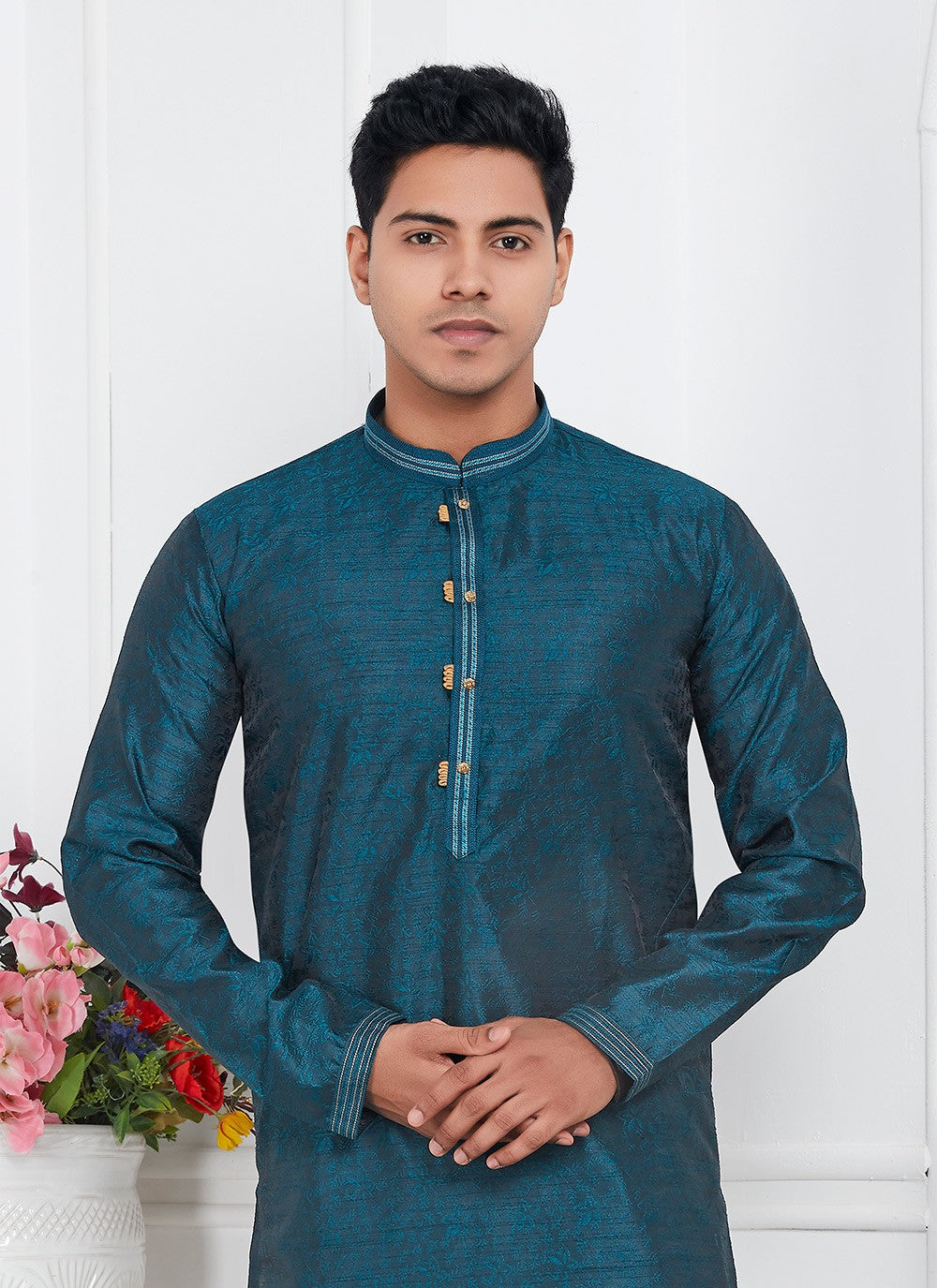 Pintex Brocade, Jacquard Silk Teal Kurta Pyjama - M7765