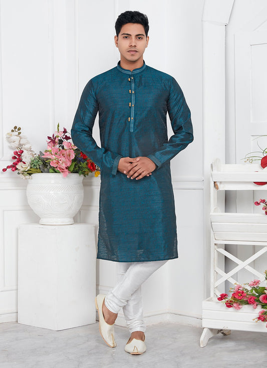 Pintex Brocade, Jacquard Silk Teal Kurta Pyjama - M7765