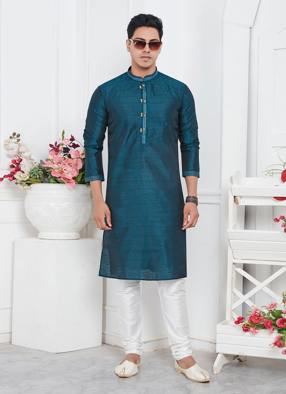 Pintex Brocade, Jacquard Silk Teal Kurta Pyjama - M7765