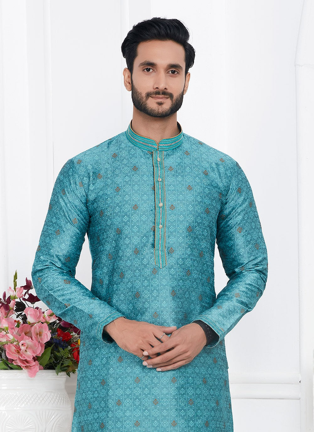 Pintex Brocade, Jacquard Silk Teal Kurta Pyjama - M7776