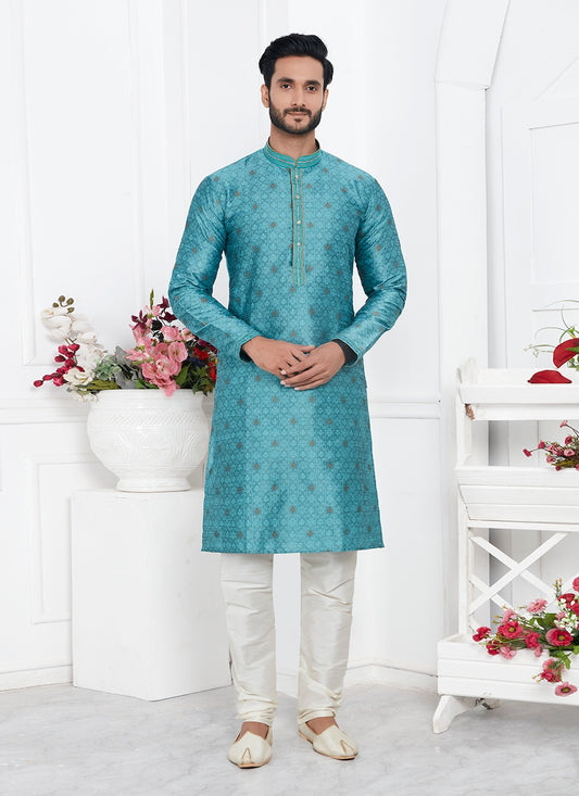 Pintex Brocade, Jacquard Silk Teal Kurta Pyjama - M7776