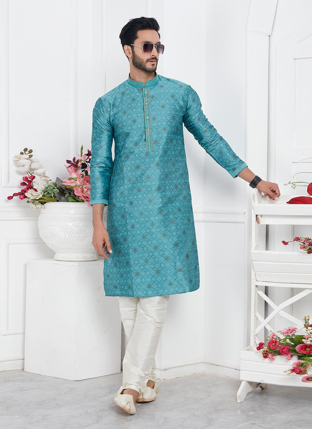 Pintex Brocade, Jacquard Silk Teal Kurta Pyjama - M7776