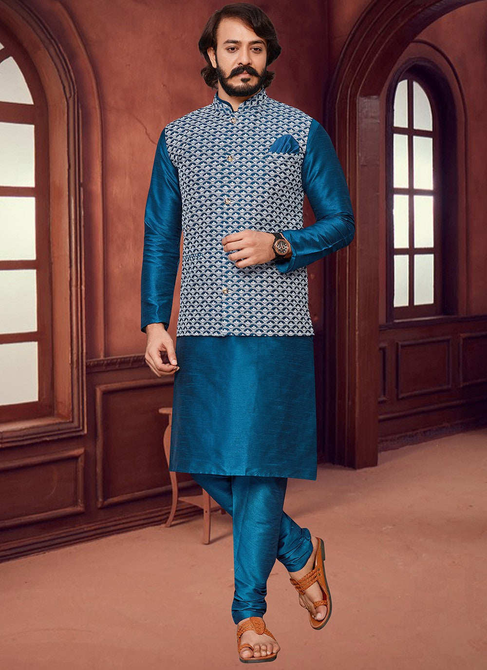 Lucknowi Work Art Silk Teal Kurta Payjama With Jacket - M2030