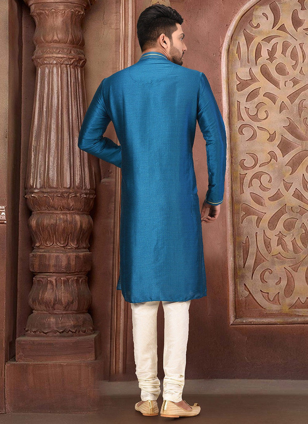 Embroidered Malbari Silk Teal Kurta Pyjama - M2738