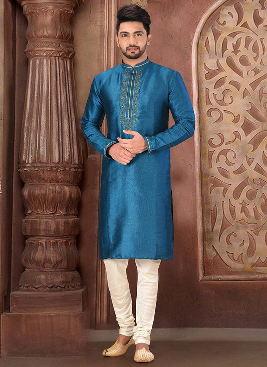 Embroidered Malbari Silk Teal Kurta Pyjama - M2738