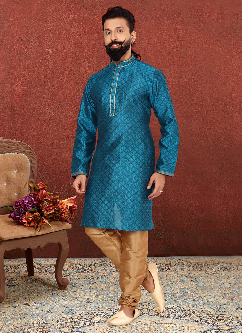 Embroidered Fancy Fabric Teal Kurta Pyjama - M2604