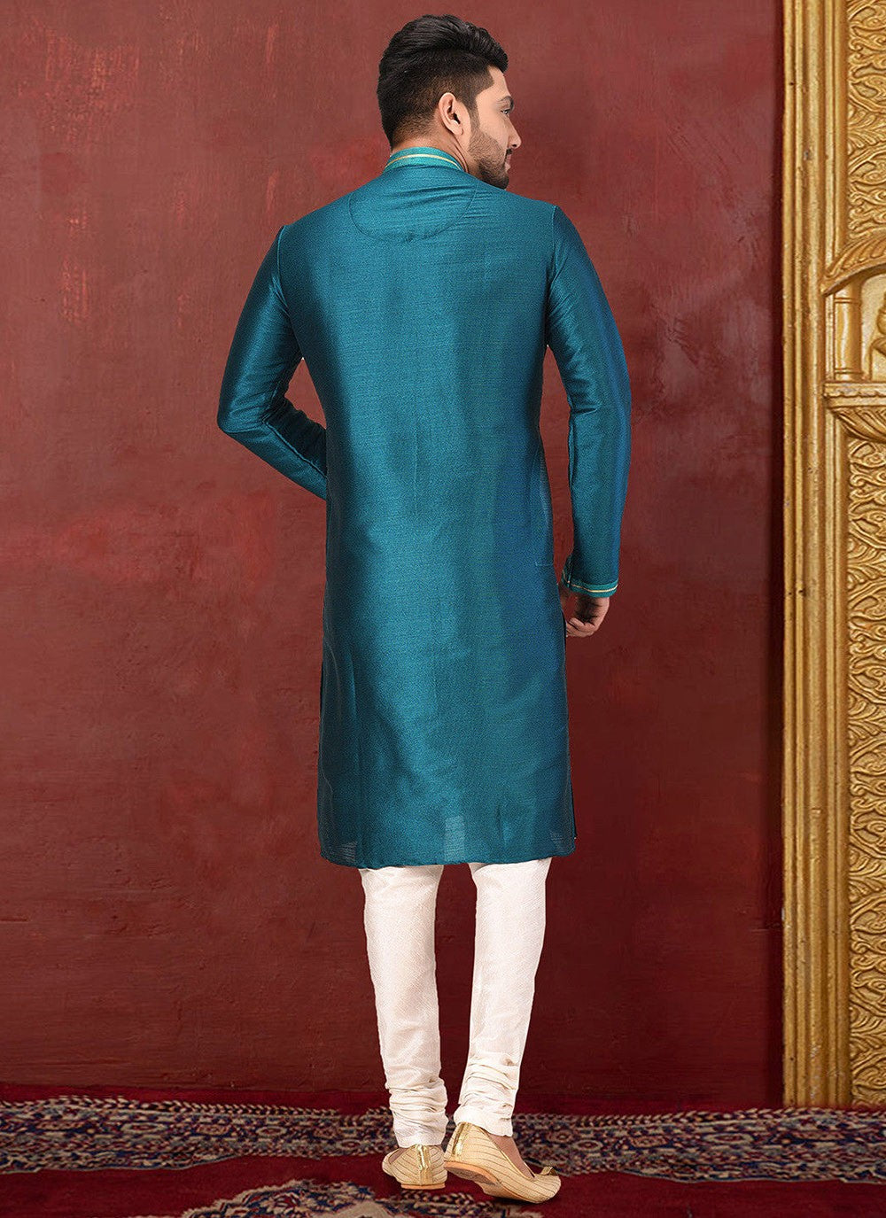 Embroidered Malbari Silk Teal Kurta Pyjama - M2737