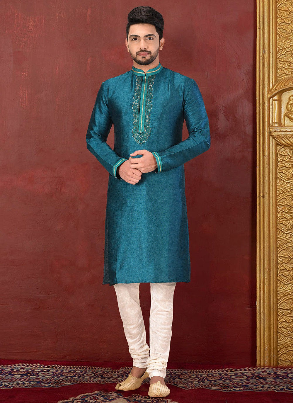 Embroidered Malbari Silk Teal Kurta Pyjama - M2737