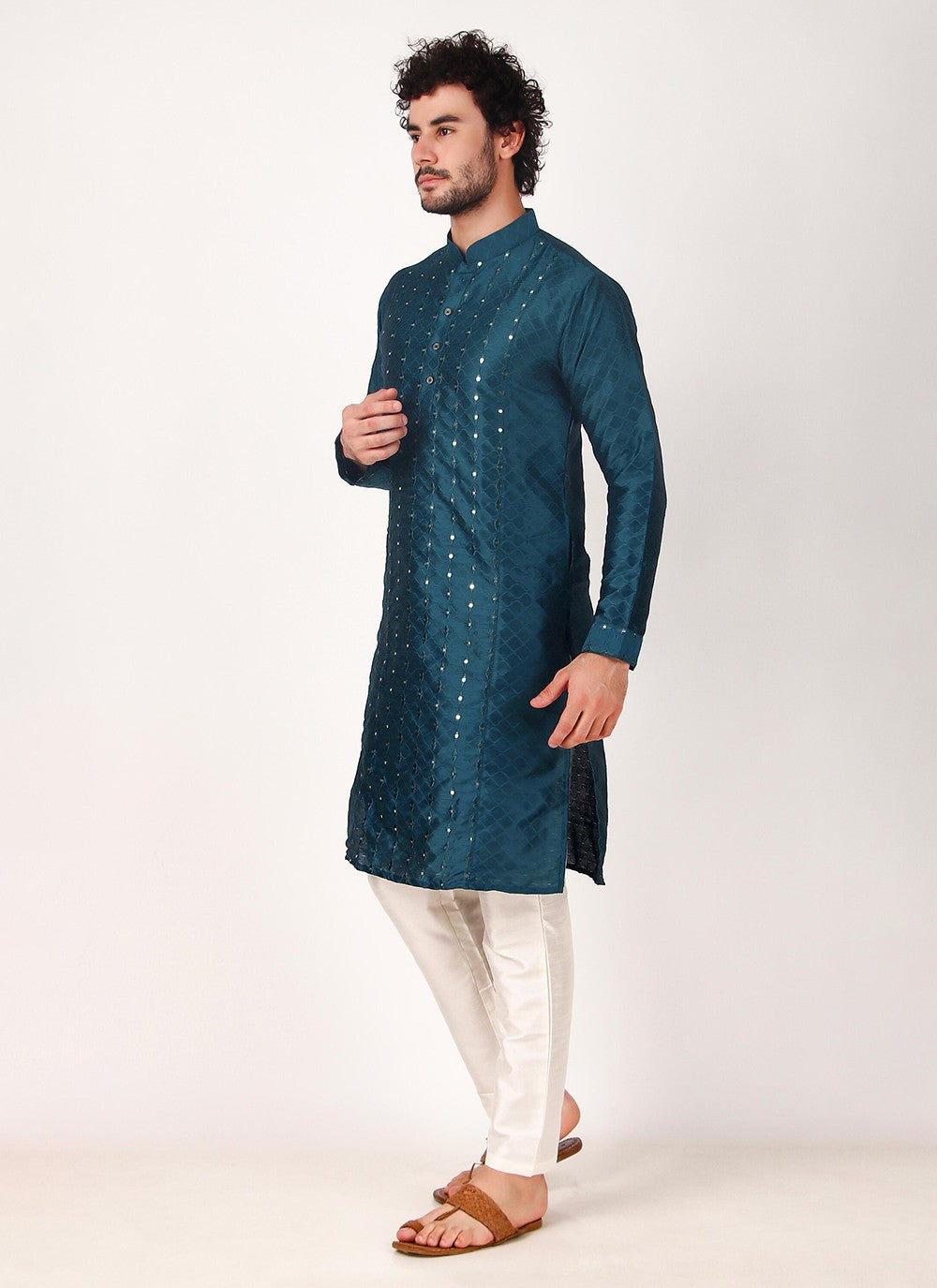 Embroidered Art Silk Teal Kurta Pyjama - M8171