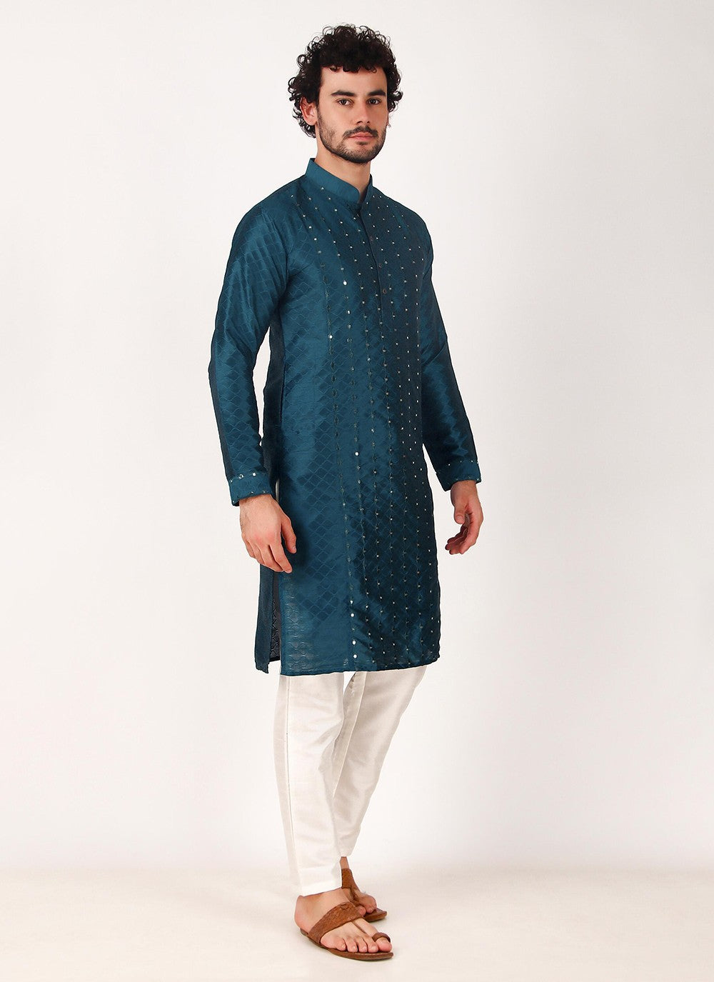 Embroidered Art Silk Teal Kurta Pyjama - M8171