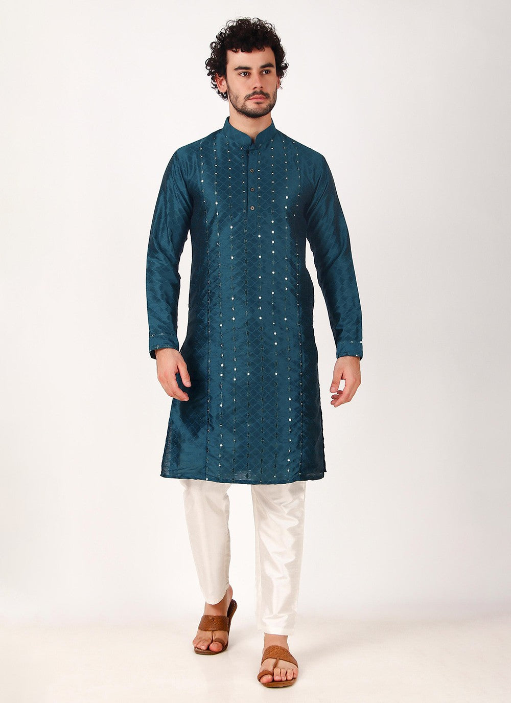 Embroidered Art Silk Teal Kurta Pyjama - M8171