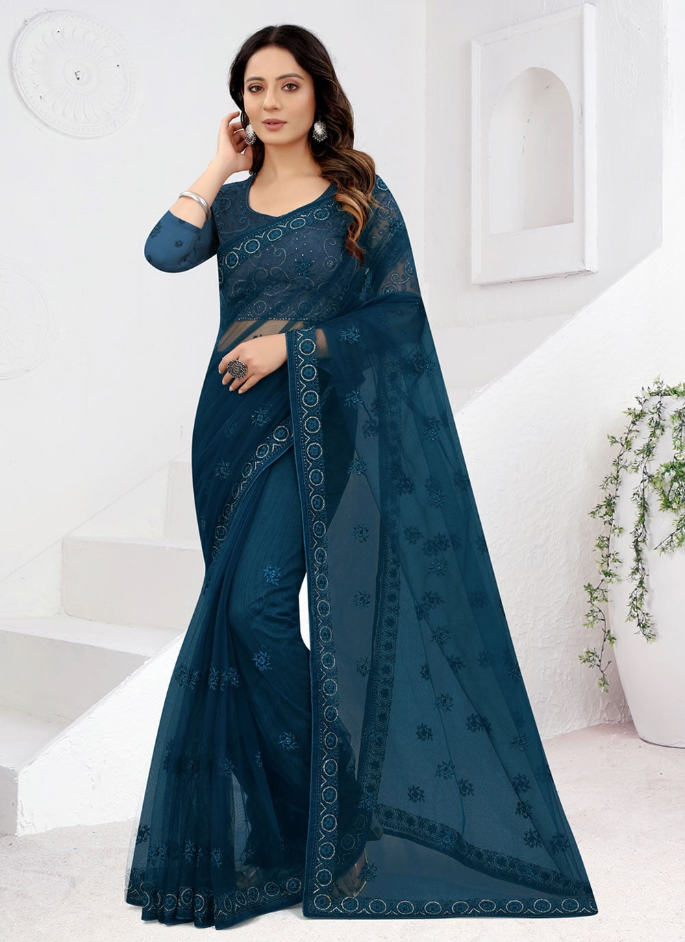 Classic Embroidered Net Saree - S3728