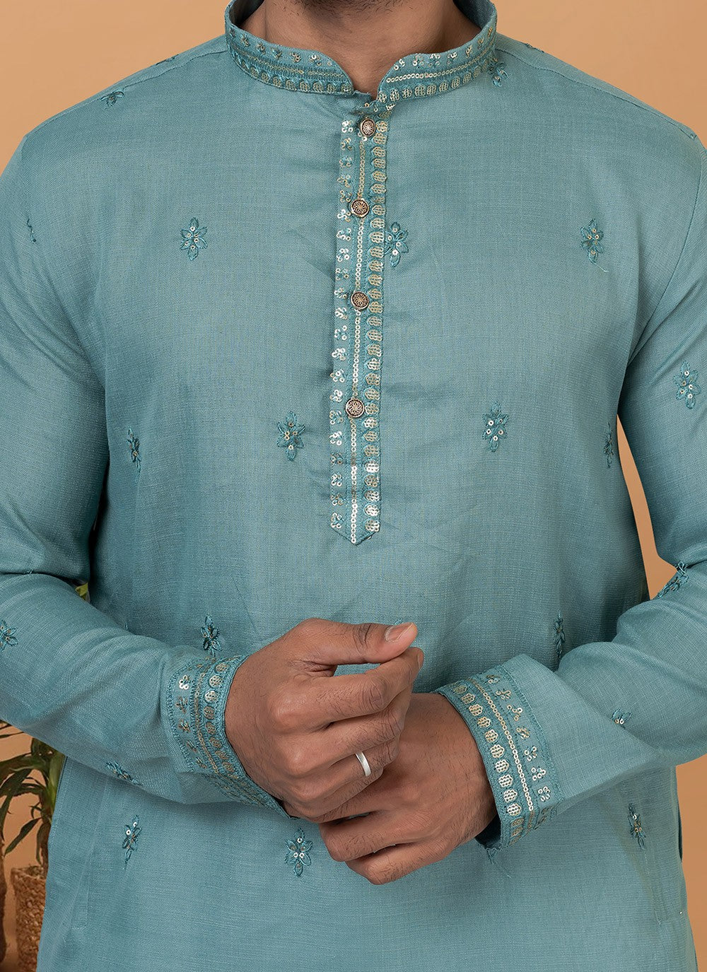 Embroidered Polly Cotton Teal Kurta Pyjama - M6275