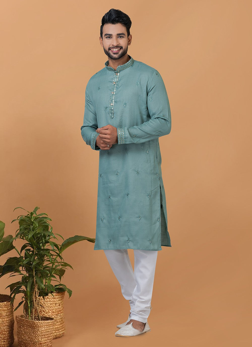 Embroidered Polly Cotton Teal Kurta Pyjama - M6275