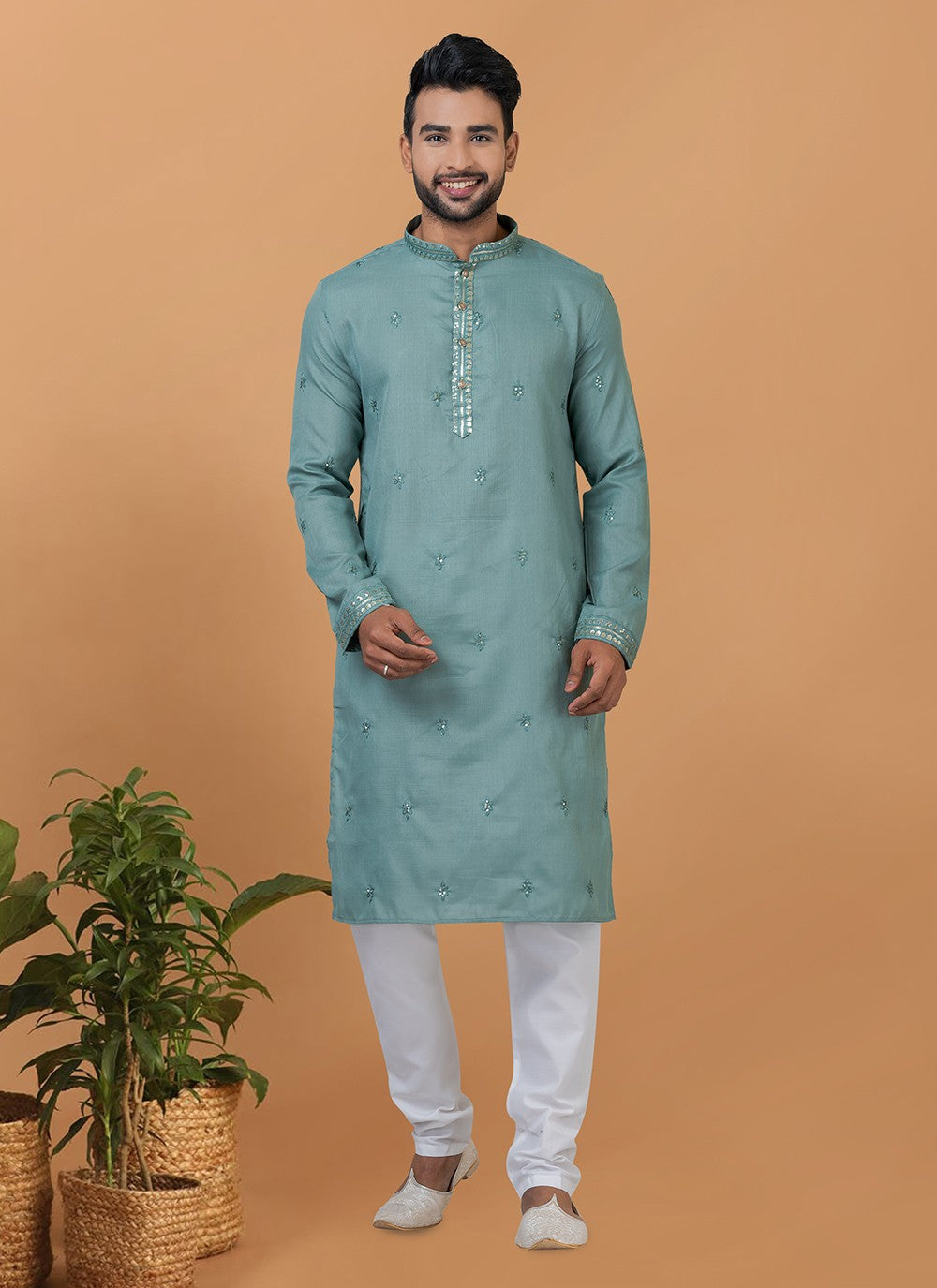 Embroidered Polly Cotton Teal Kurta Pyjama - M6275