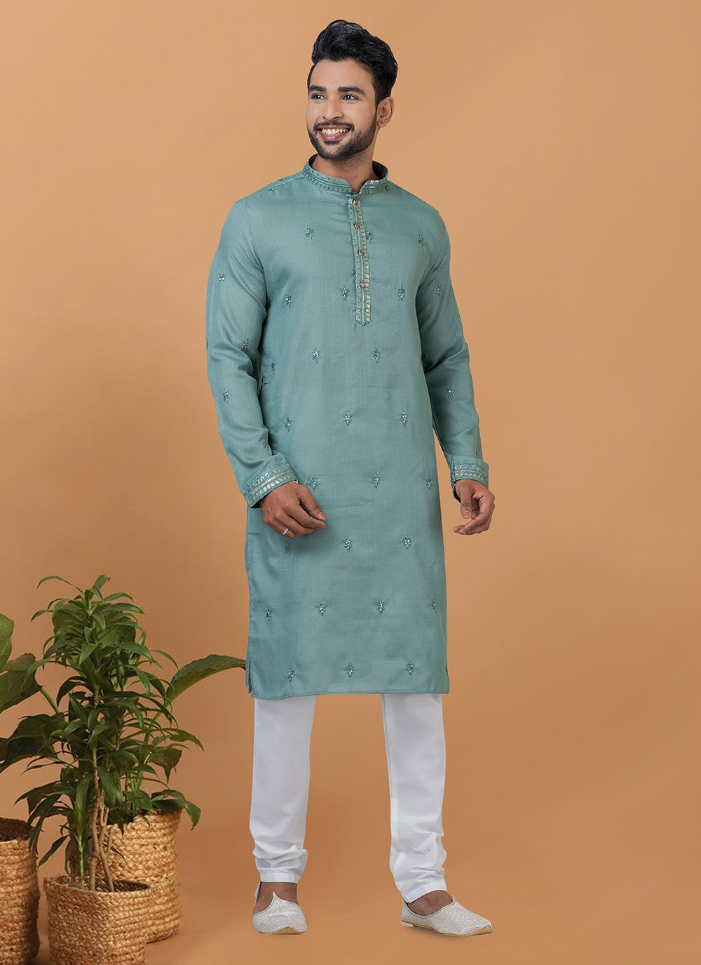 Embroidered Polly Cotton Teal Kurta Pyjama - M6275