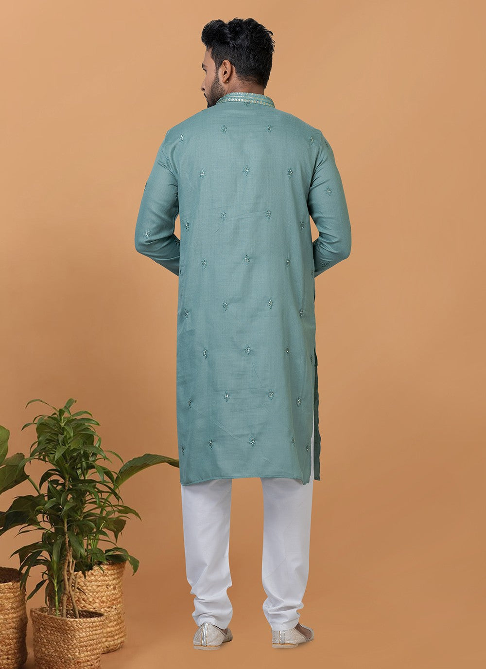 Embroidered Polly Cotton Teal Kurta Pyjama - M6275