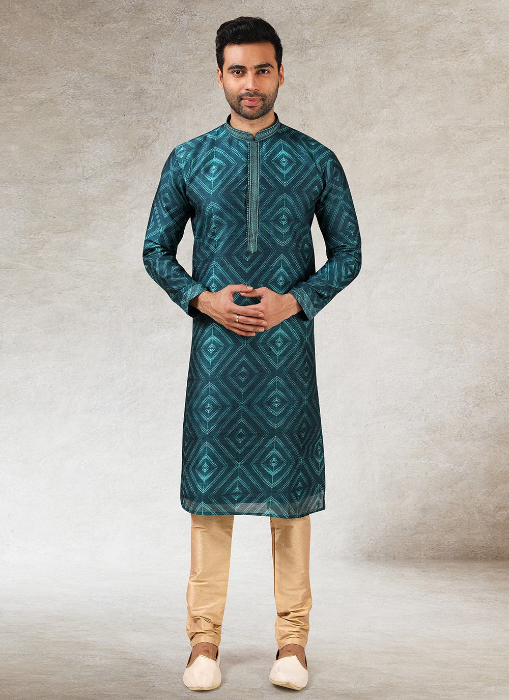 Printed Art Silk Teal Kurta Pyjama - M2849