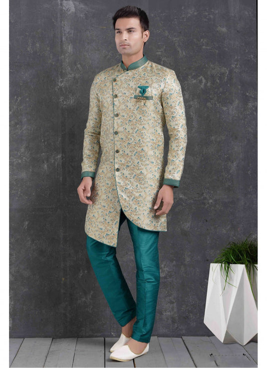 Printed Jacquard Silk Teal Indo Western - M1786