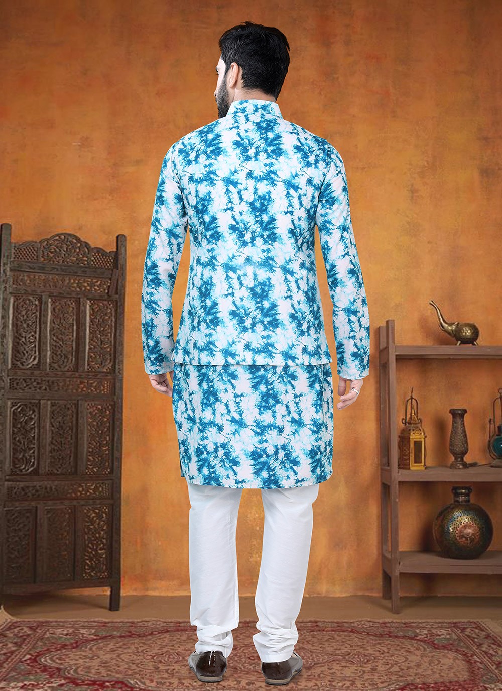 Printed Cotton Teal Kurta Payjama With Jacket - M8775