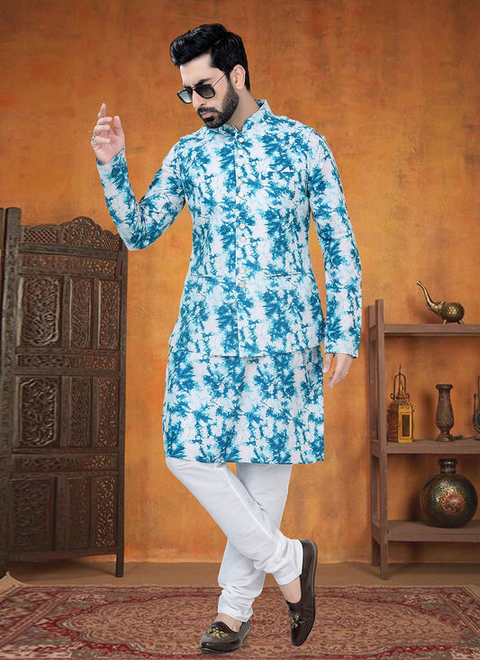 Printed Cotton Teal Kurta Payjama With Jacket - M8775