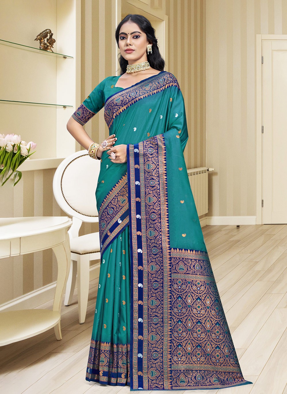 Contemporary Weaving Zari Silk Sea Green Saree - S11178