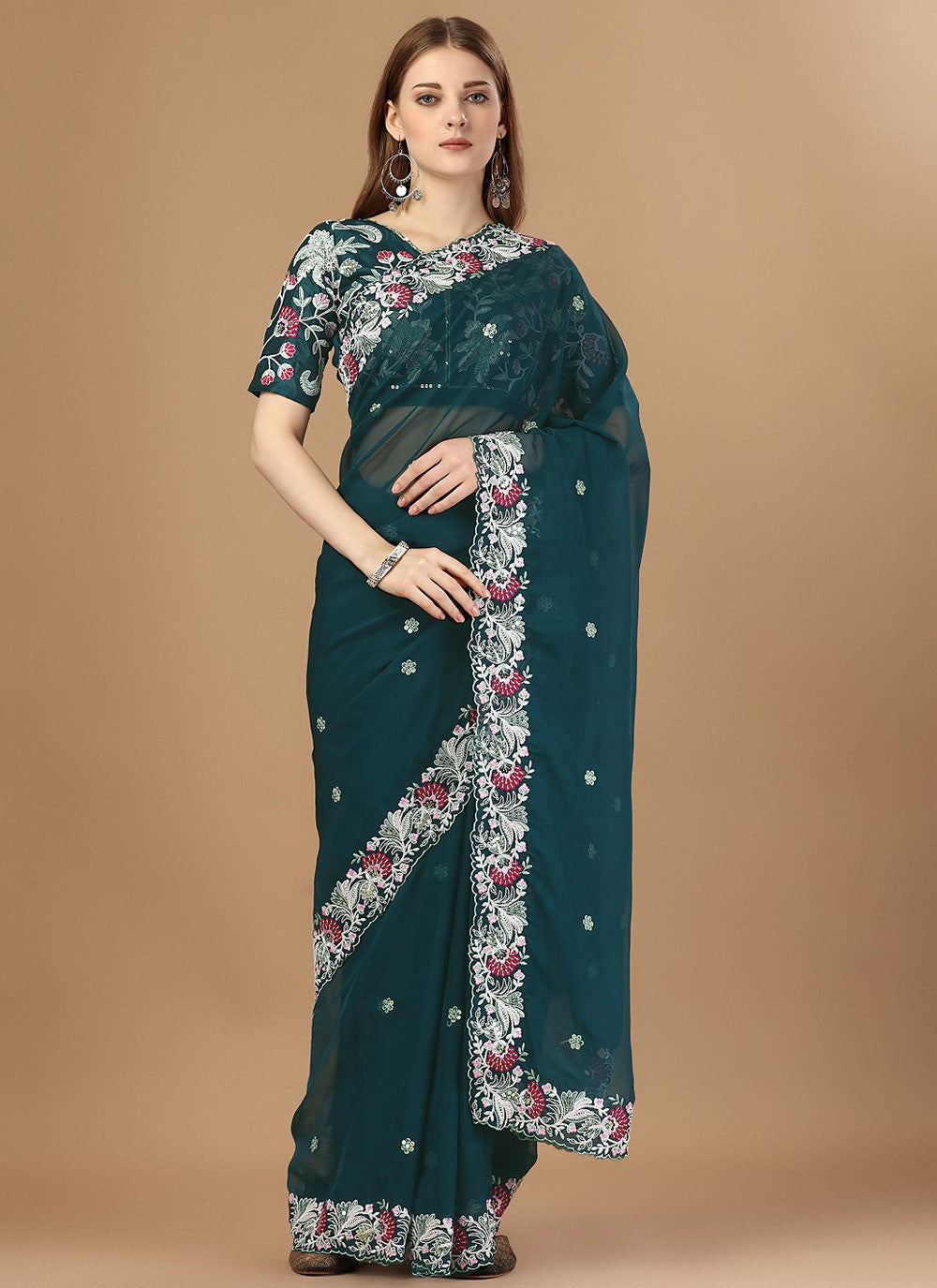 Trendy Embroidered Silk Saree - S4687