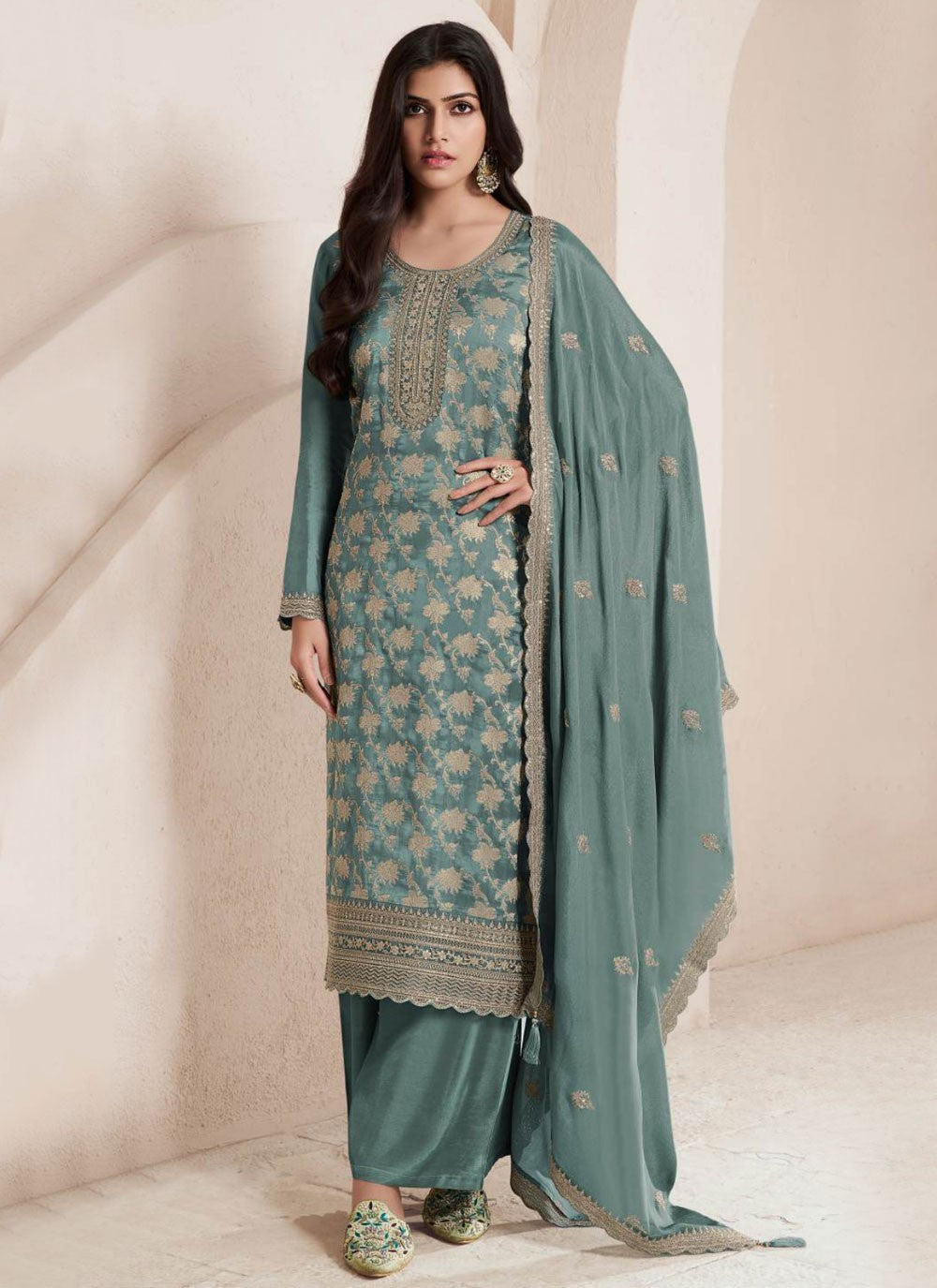 Embroidered Silk Pant Style Suit - T4571