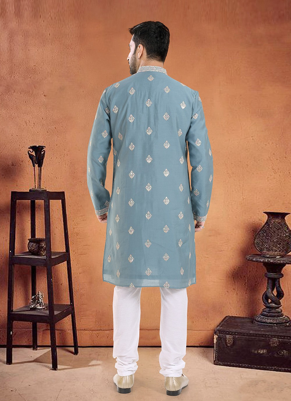 Embroidered Silk Teal Kurta Pyjama - M8097