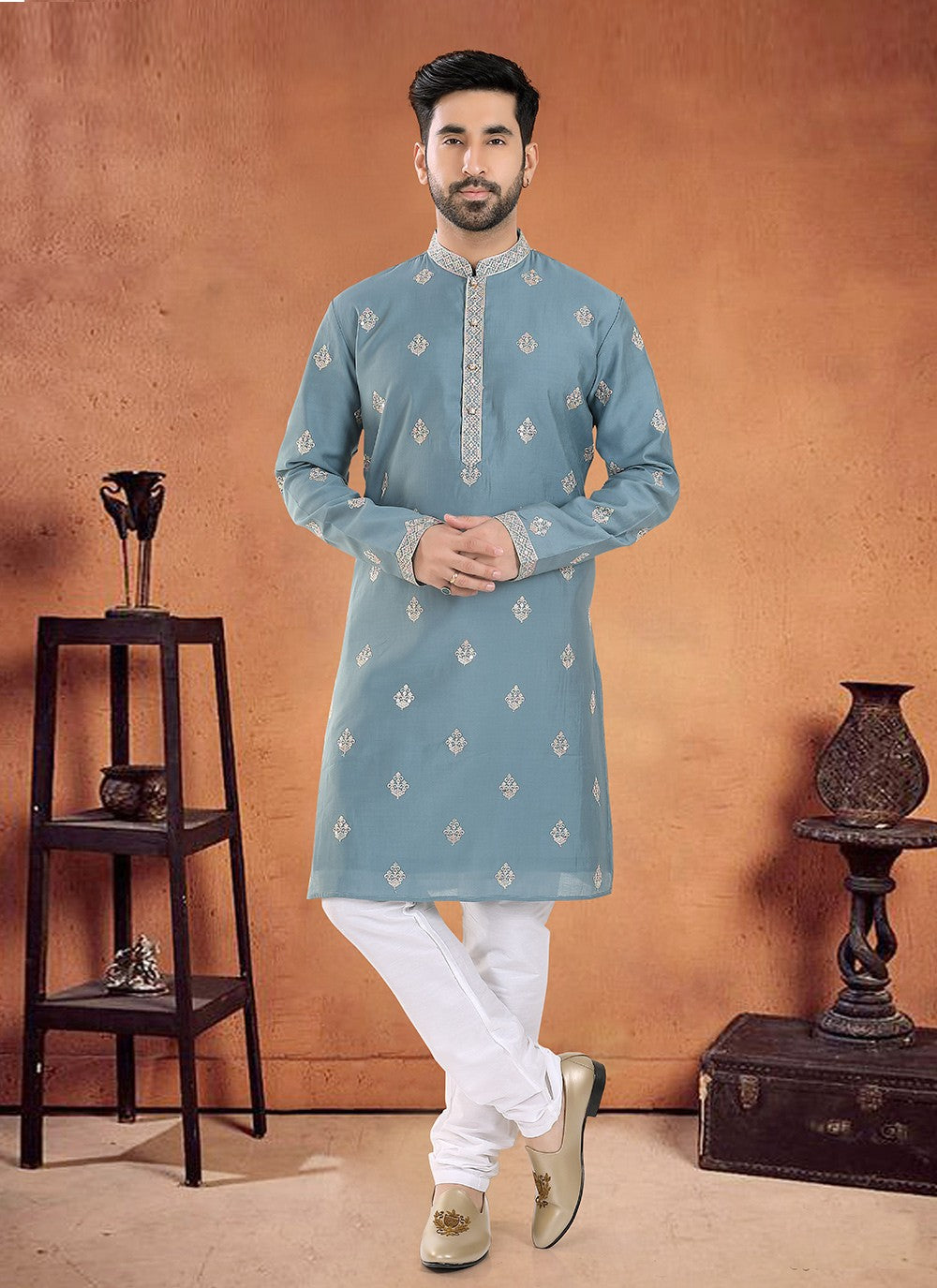 Embroidered Silk Teal Kurta Pyjama - M8097