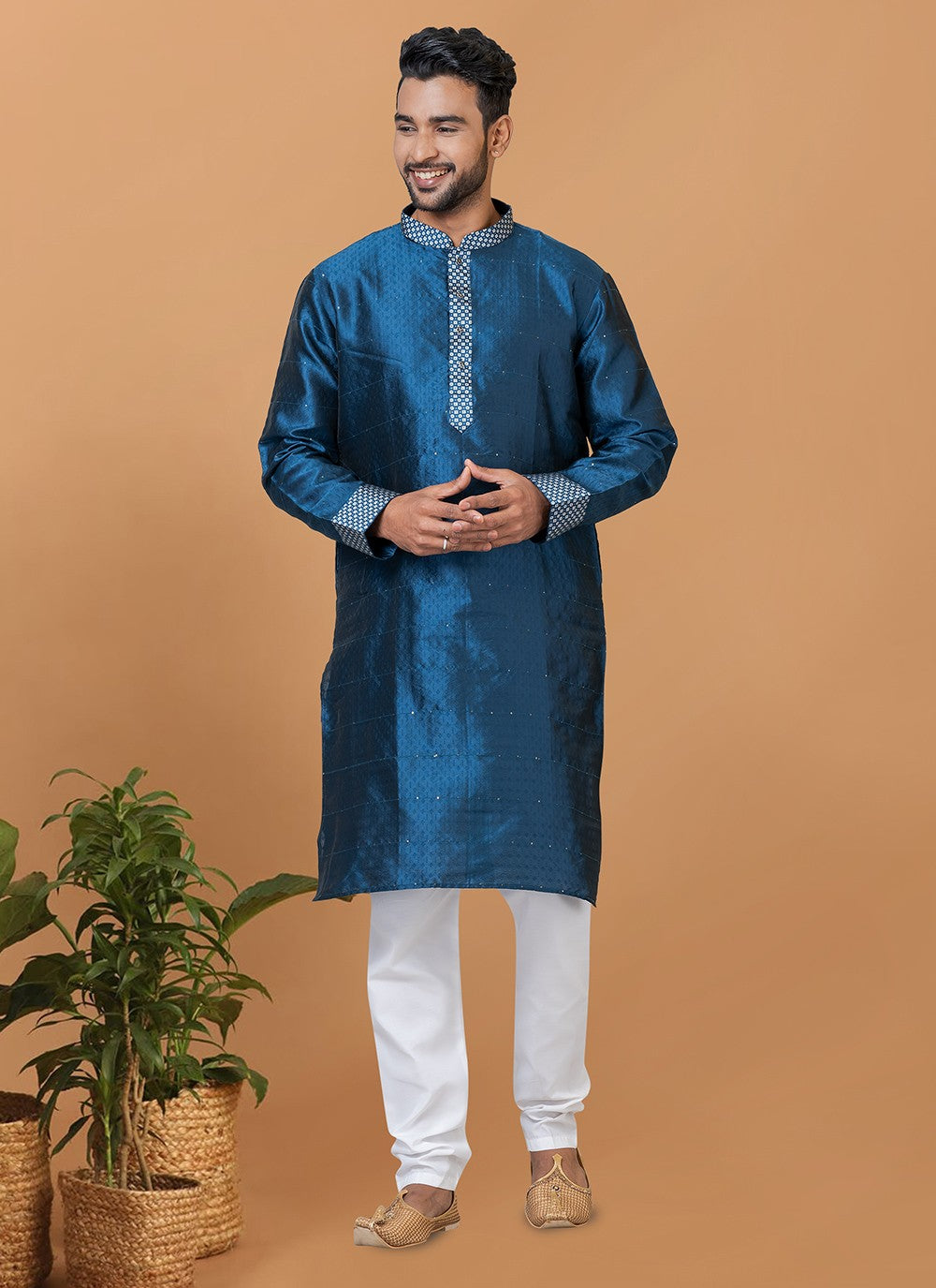 Fancy Work Silk Teal Kurta Pyjama - M6375