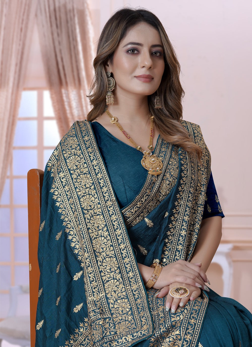 Classic Embroidered Vichitra Silk Saree - S3619