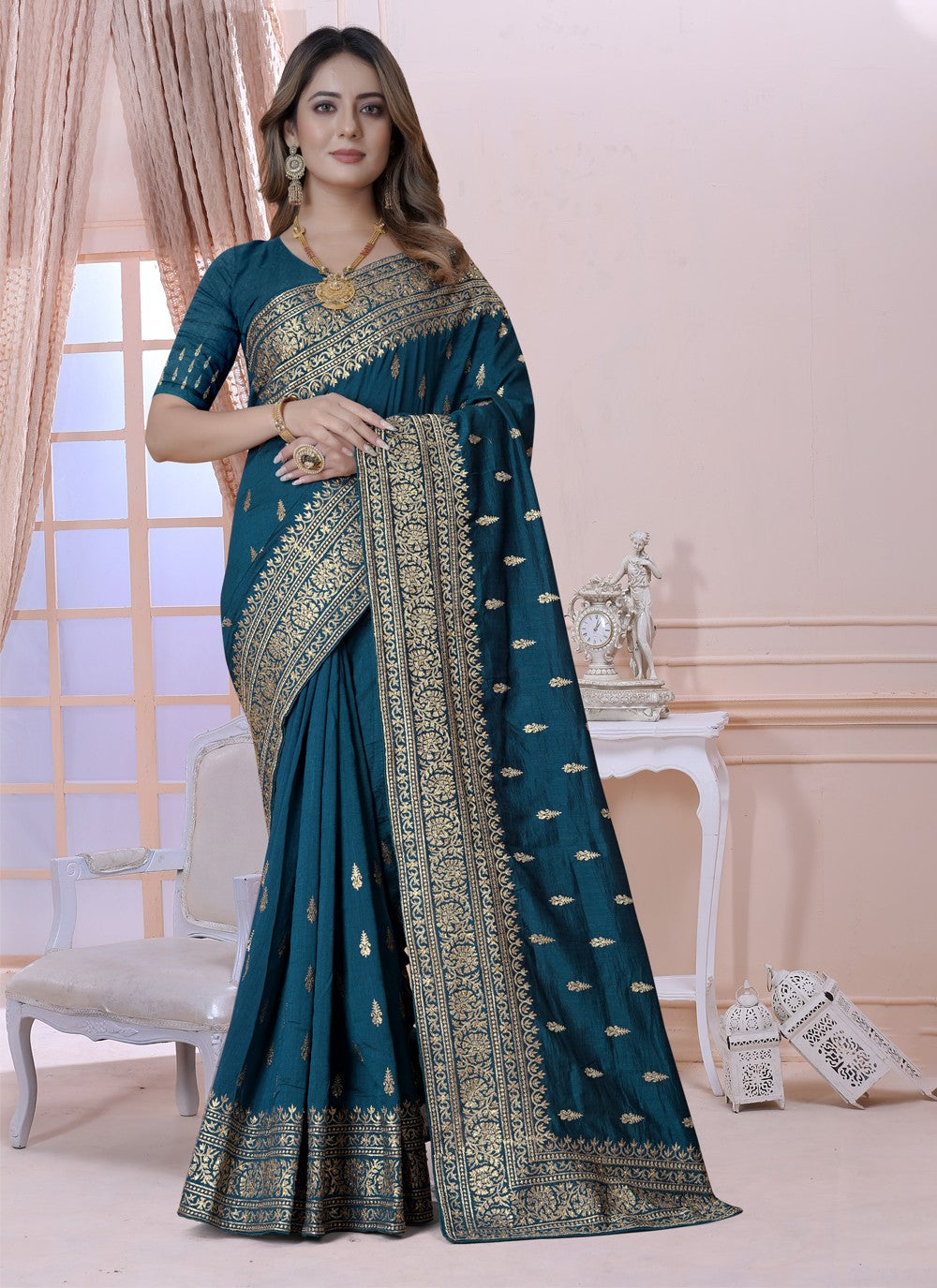 Classic Embroidered Vichitra Silk Saree - S3619