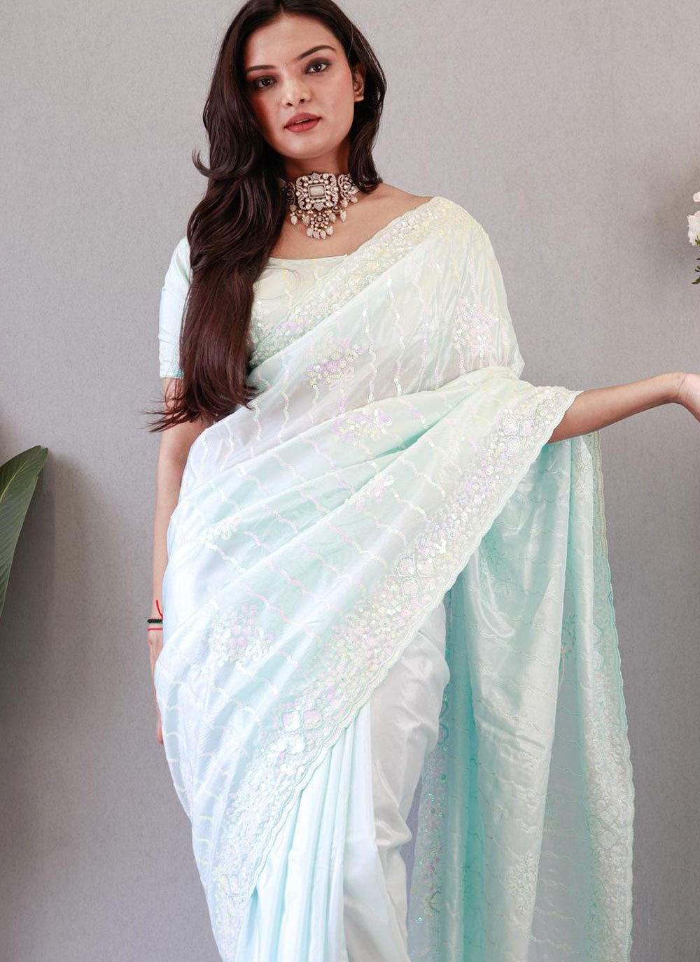 Classic Sequins Chinon, Silk Aqua Blue Saree - S10756