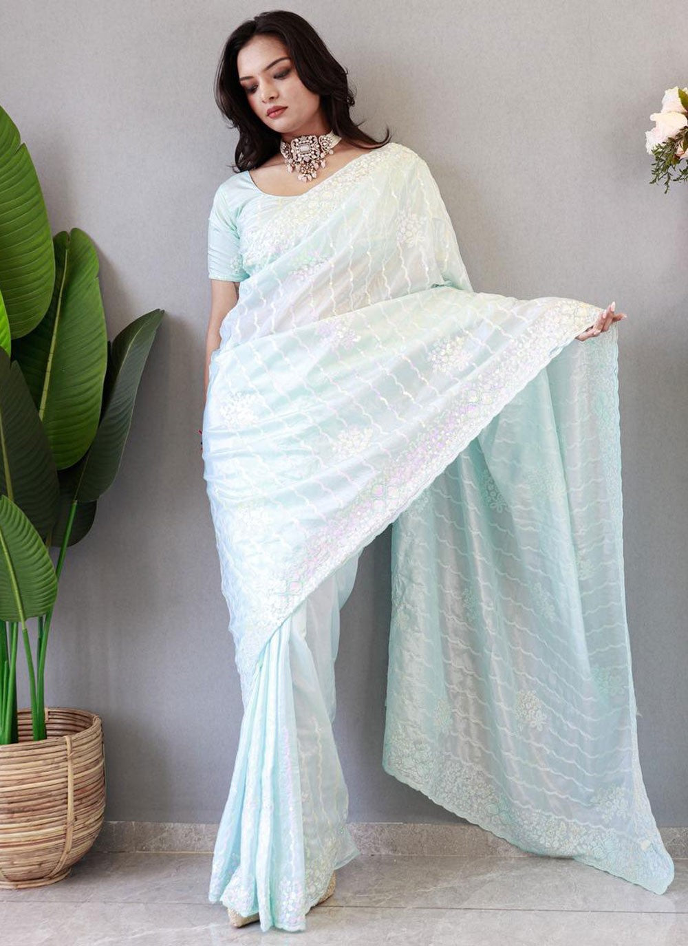 Classic Sequins Chinon, Silk Aqua Blue Saree - S10756