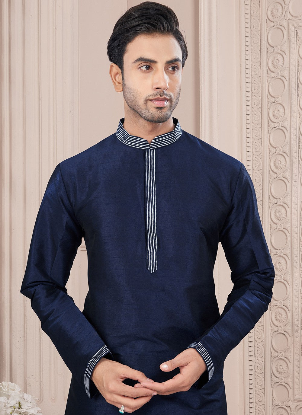 Thread Art Silk Navy Blue Kurta Pyjama - M8716