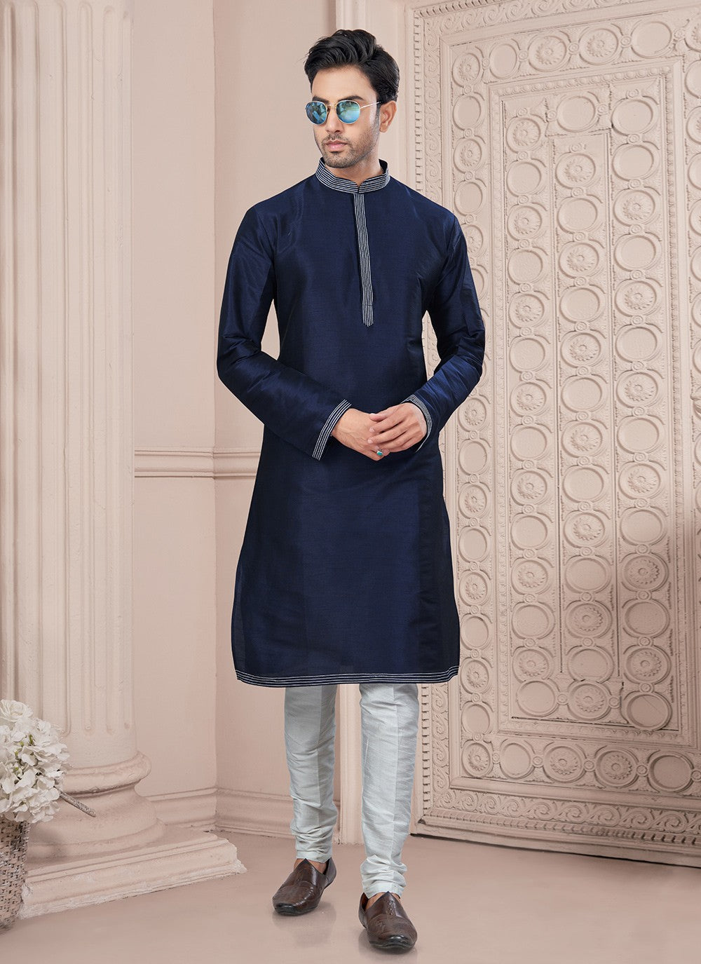 Thread Art Silk Navy Blue Kurta Pyjama - M8716