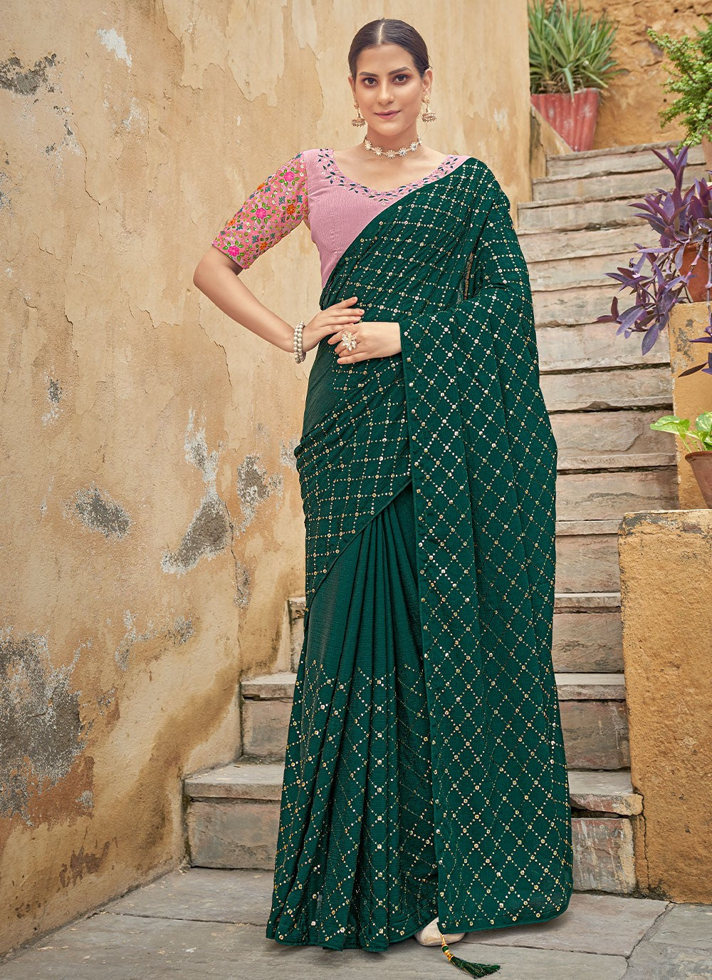 Classic Sequins Chinon Saree - S1796