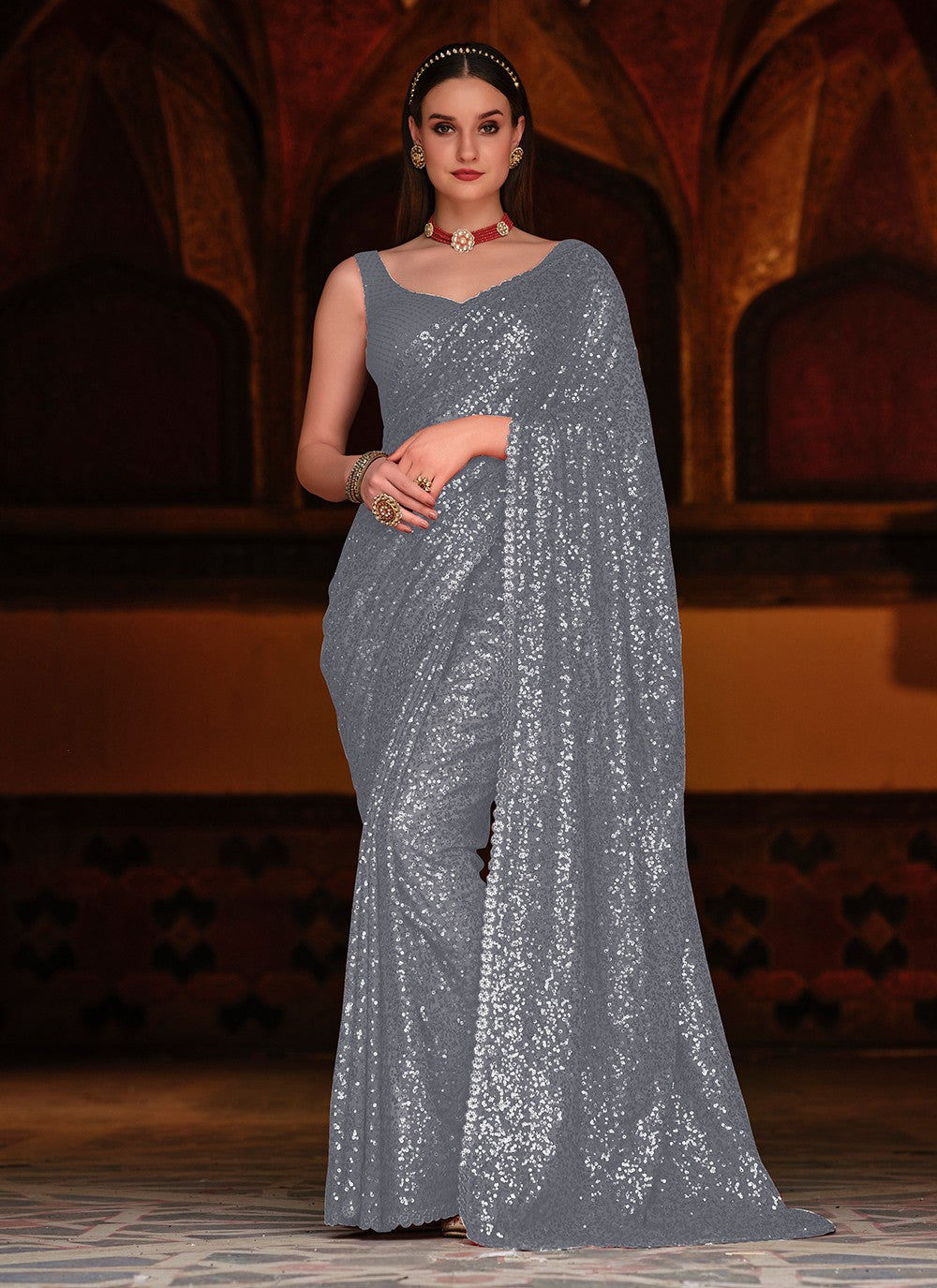 Trendy Sequins Georgette Saree - S3547