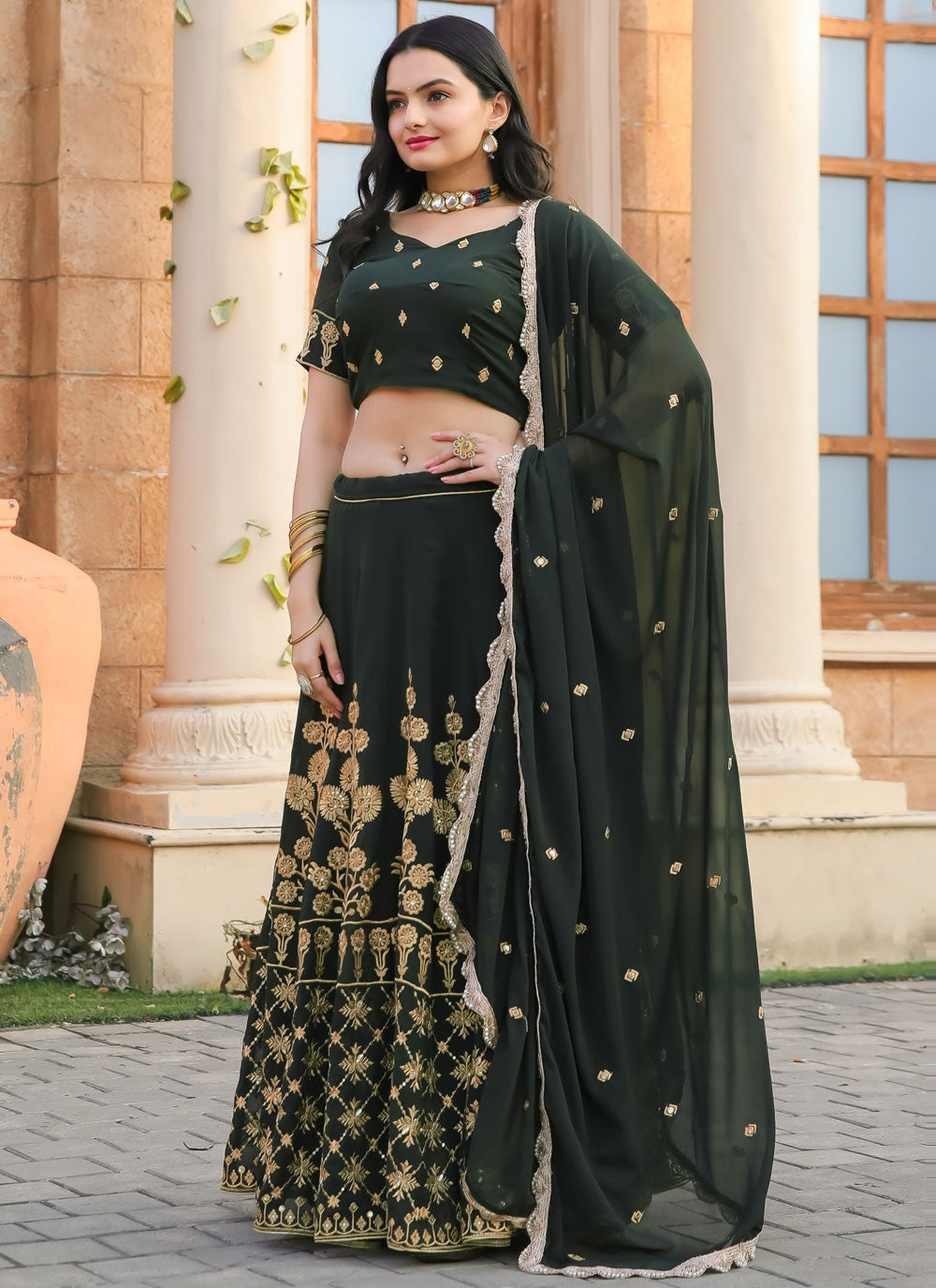 Embroidered Faux Georgette A - Line Lehenga - L2095