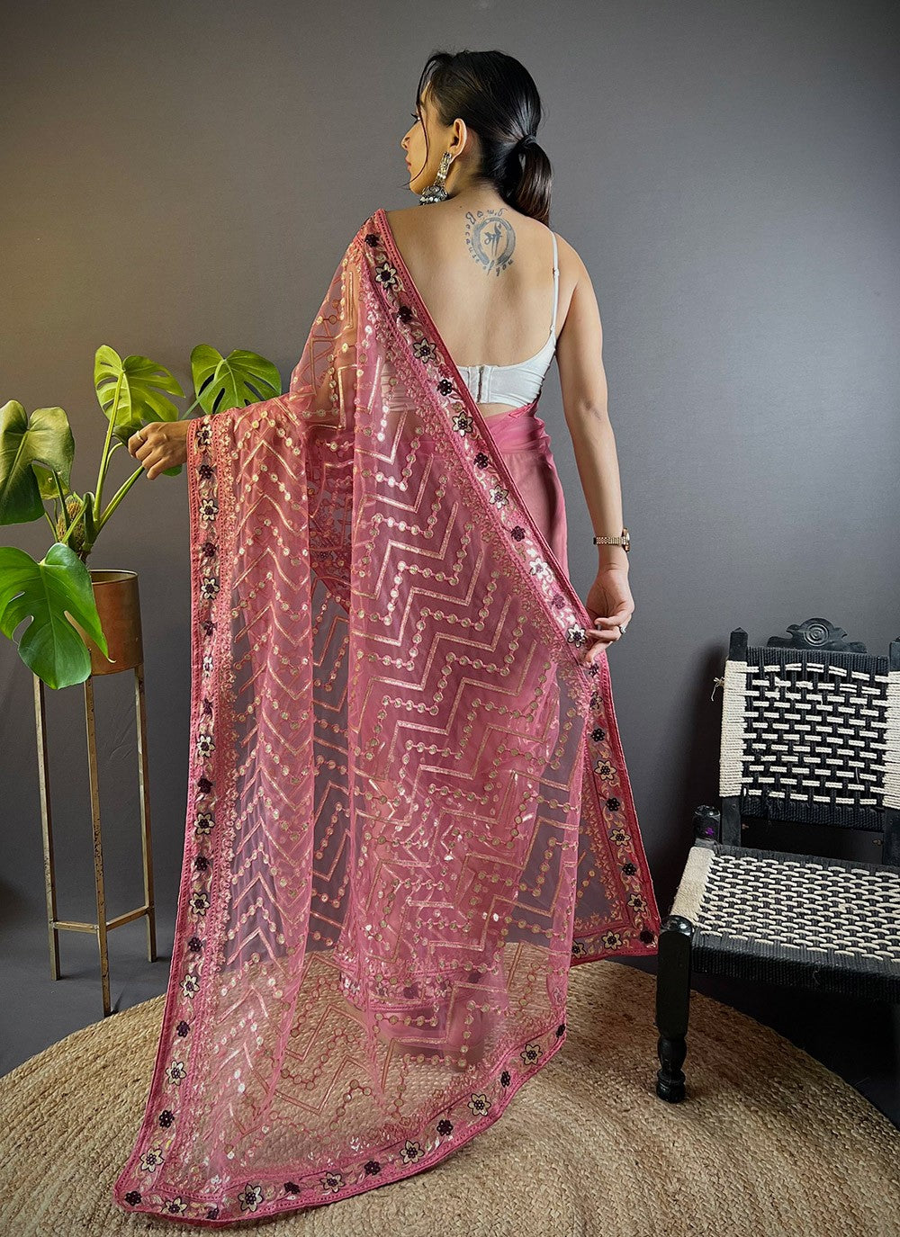 Trendy Embroidered Net Saree - S10598